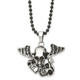 Stainless Steel Antiqued & Polished Black IP Skulls w/Wings 24in Necklace